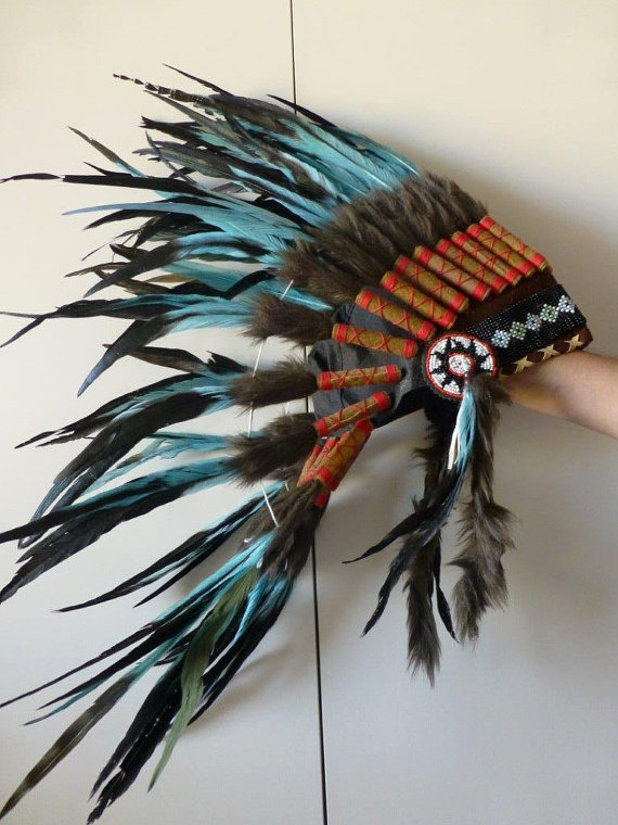 Native Amercian Feather Headrress War bonnet . Amazing Blue Feather Headdress red yarn